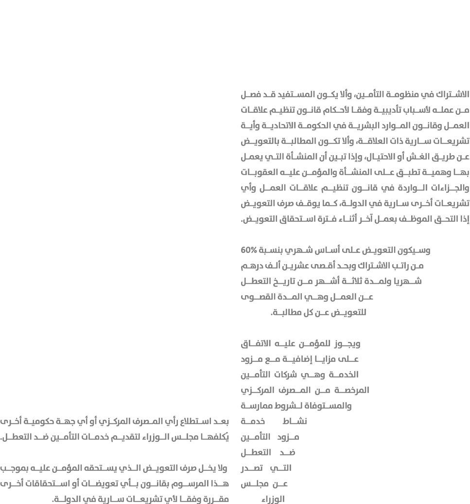 الاشتراك في منظومة التأمين، وألا يكون المستفيد قد فصل من عمله لأسباب تأديبية وفقا لأحكام قانون تنظيم علاقات العمل وقا...