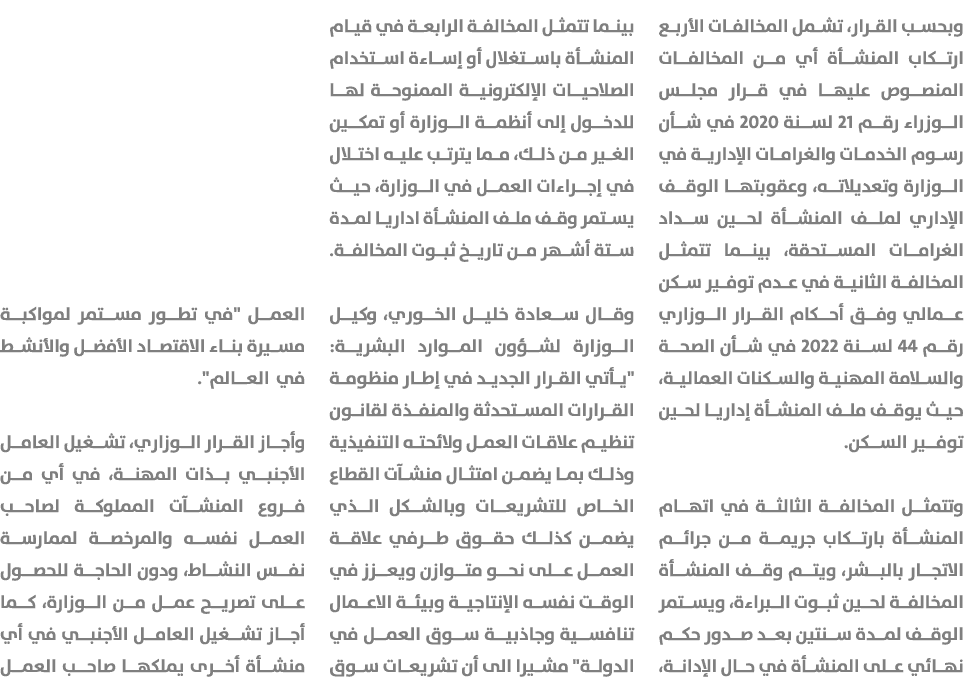 وبحسب القرار، تشمل المخالفات الأربع ارتكاب المنشأة أي من المخالفات المنصوص عليها في قرار مجلس الوزراء رقم 21 لسنة 202...