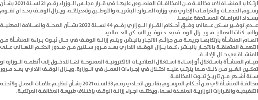 ارتكاب المنشاة لأي مخالفة من المخالفات المنصوص عليها في قرار مجلس الوزراء رقم 21 لسنة 2021 بشأن رسوم الخدمات والغراما...