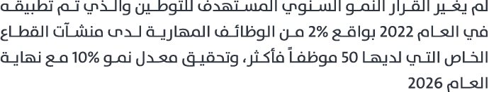 لم يغير القرار النمو السنوي المستهدف للتوطين والذي تم تطبيقه في العام 2022 بواقع 2% من الوظائف المهارية لدى منشآت الق...