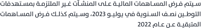 سيتم فرض المساهمات المالية على المنشآت غير الملتزمة بمستهدفات التوطين نصف السنوية في يوليو 2023، وسيتم كذلك فرض المسا...