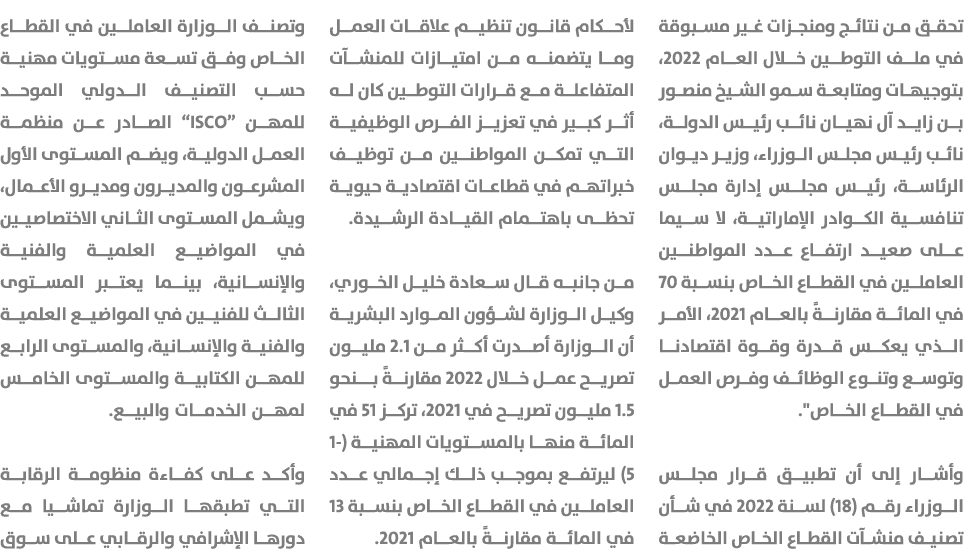 تحقق من نتائج ومنجزات غير مسبوقة في ملف التوطين خلال العام 2022، بتوجيهات ومتابعة سمو الشيخ منصور بن زايد آل نهيان نا...