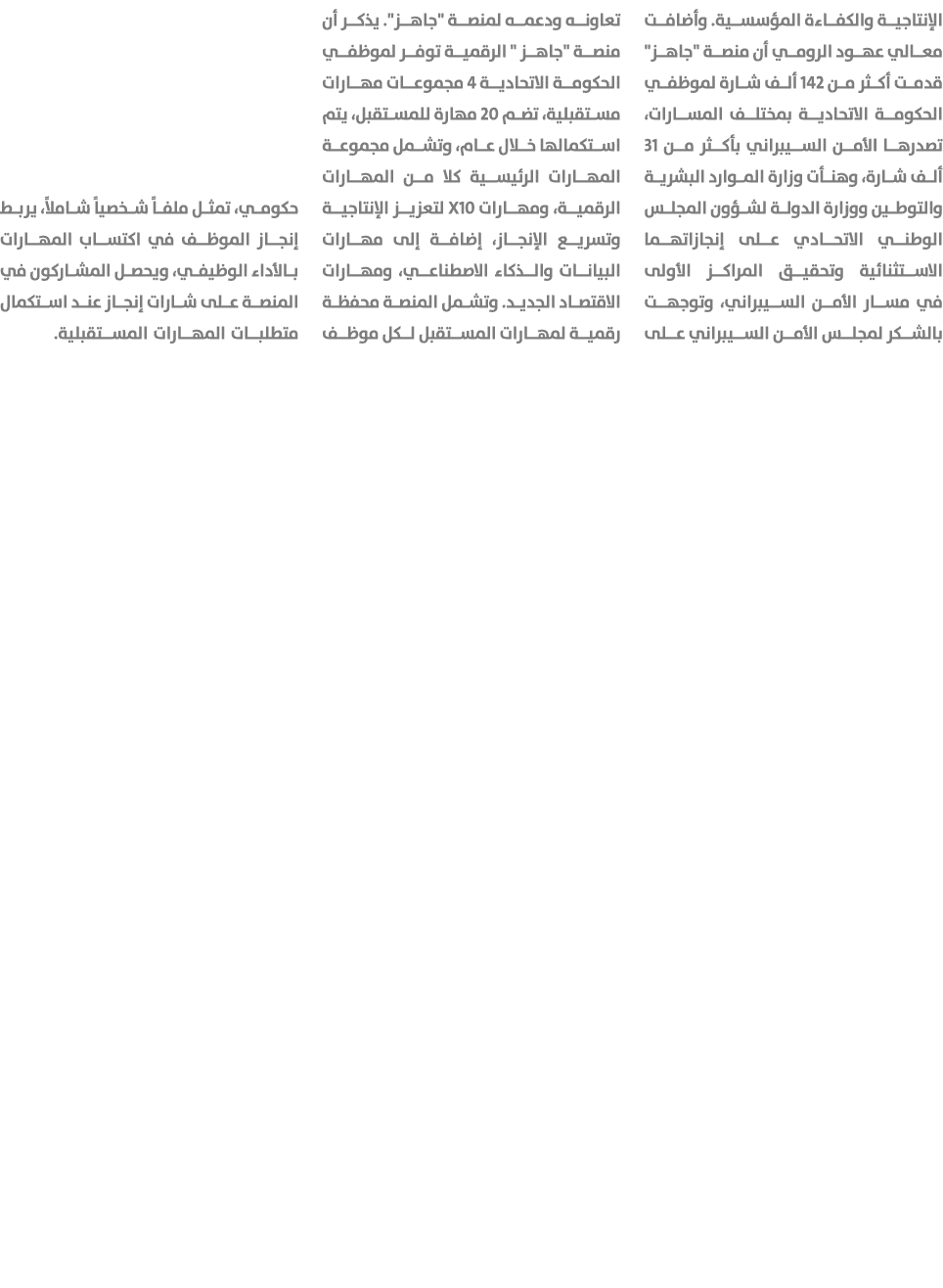 الإنتاجية والكفاءة المؤسسية. وأضافت معالي عهود الرومي أن منصة \“جاهز\" قدمت أكثر من 142 ألف شارة لموظفي الحكومة الاتح...