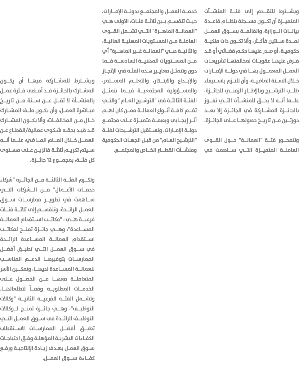 ويشترط للتقدم إلى فئة المنشآت المتميزة أن تكون مسجلة بنظام قاعدة بيانات الوزارة، والقائمة بسوق العمل لمدة سنتين فأكثر...