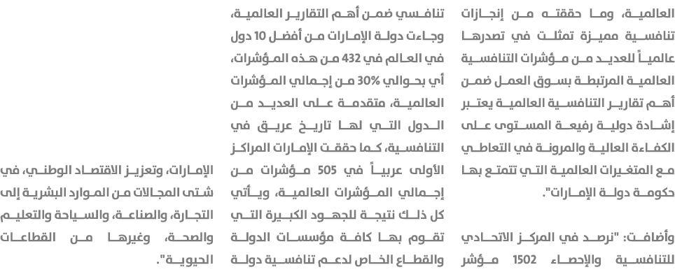 العالمية، وما حققته من إنجازات تنافسية مميزة تمثلت في تصدرها عالمياً للعديد من مؤشرات التنافسية العالمية المرتبطة بسو...