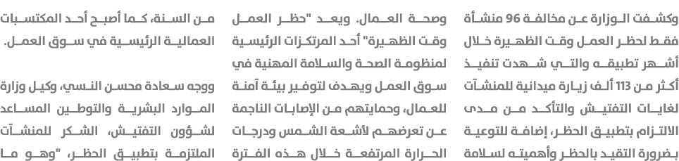 وكشفت الوزارة عن مخالفة 96 منشأة فقط لحظر العمل وقت الظهيرة خلال أشهر تطبيقه والتي شهدت تنفيذ أكثر من 113 ألف زيارة م...