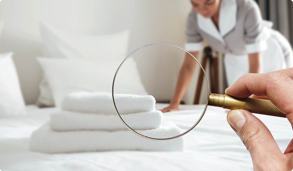 Young hotel maid making the bed with clean fresh towels