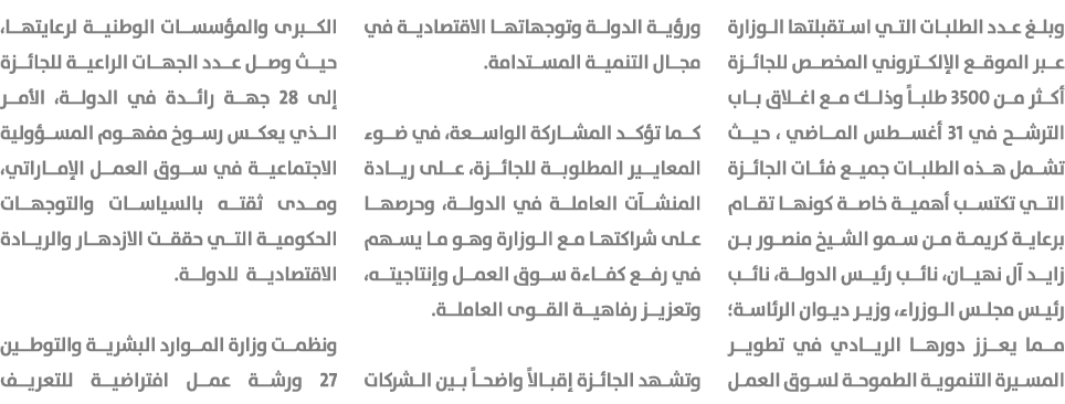 وبلغ عدد الطلبات التي استقبلتها الوزارة عبر الموقع الإلكتروني المخصص للجائزة أكثر من 3500 طلباً وذلك مع اغلاق باب الت...