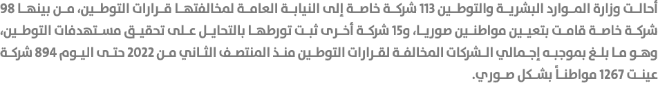 أحالت وزارة الموارد البشرية والتوطين 113 شركة خاصة إلى النيابة العامة لمخالفتها قرارات التوطين، من بينها 98 شركة خاصة...