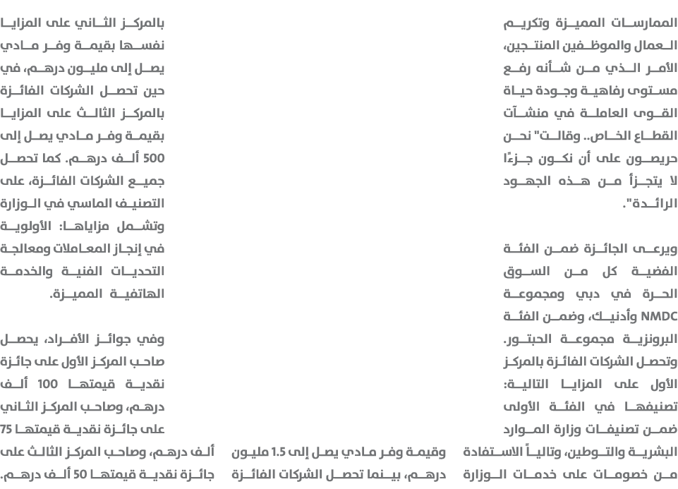 الممارسات المميزة وتكريم العمال والموظفين المنتجين، الأمر الذي من شأنه رفع مستوى رفاهية وجودة حياة القوى العاملة في م...