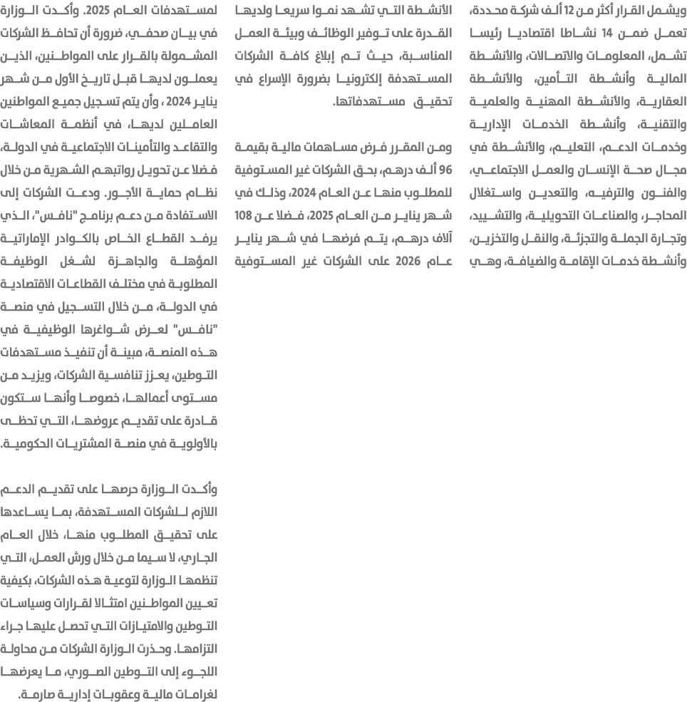 ويشمل القرار أكثر من 12 ألف شركة محددة، تعمل ضمن 14 نشاطا اقتصاديا رئيسا تشمل، المعلومات والاتصالات، والأنشطة المالية...