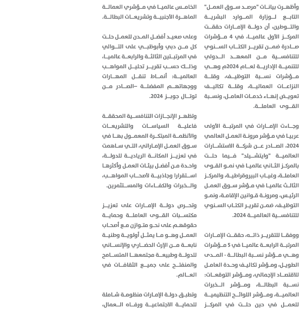 وأظهرت بيانات \“مرصد سوق العمل\" التابع لوزارة الموارد البشرية والتوطين، أن دولة الإمارات حققت المركز الأول عالميا، ف...