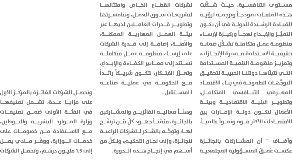 مستوى التنافسية، حيث شكَّلت هذه الملفات نموذجاً وترجمة لرؤية القيادة الرشيدة للدولة في أن يكون التميُّز والإبداع نهجا...