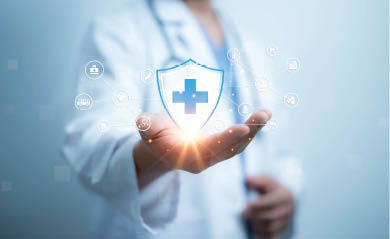 A medical worker holding of health care icons, medical technology background, health insurance business.Health Insurance, telemedicine, virtual hospital, family medicine concept.