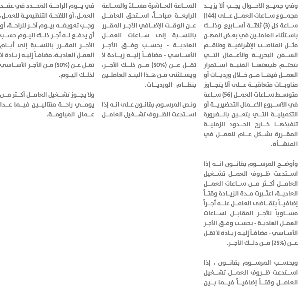 وفي جميع الأحوال يجب ألا يزيد مجموع ساعات العمل على (144) ساعة كل (3) ثلاثة أسابيع وذلك باستثناء العاملين في بعض المه...
