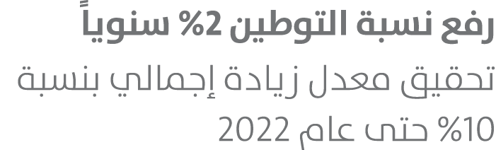 رفع نسبة التوطين %2 سنوياً تحقيق معدل زيادة إجمالي بنسبة %10 حتى عام 2022