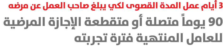 3 أيام عمل المدة القصوى لكي يبلغ صاحب العمل عن مرضه 90 يوماً متصلة أو متقطعة الإجازة المرضية للعامل المنتهية فترة تجر...