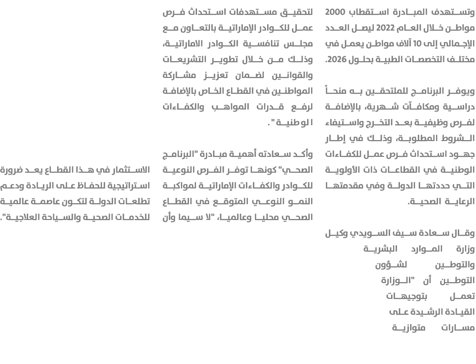 وتستهدف المبادرة استقطاب 2000 مواطن خلال العام 2022 ليصل العدد الإجمالي إلى 10 آلاف مواطن يعمل في مختلف التخصصات الطب...