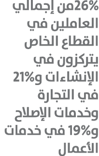 26%من إجمالي العاملين في القطاع الخاص يتركزون في الإنشاءات و21% في التجارة وخدمات الإصلاح و19% في خدمات الأعمال