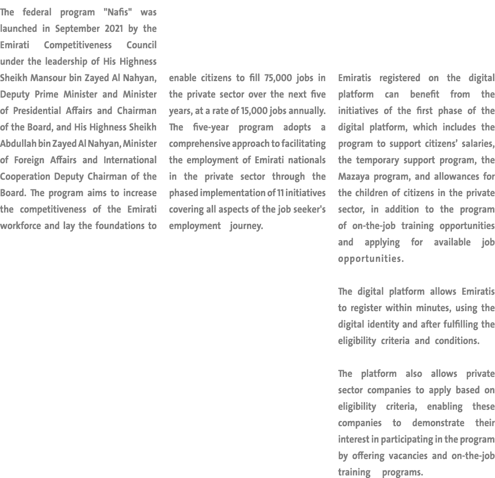 The federal program   Nafis   was launched in September 2021 by the Emirati Competitiveness Council under the leaders   