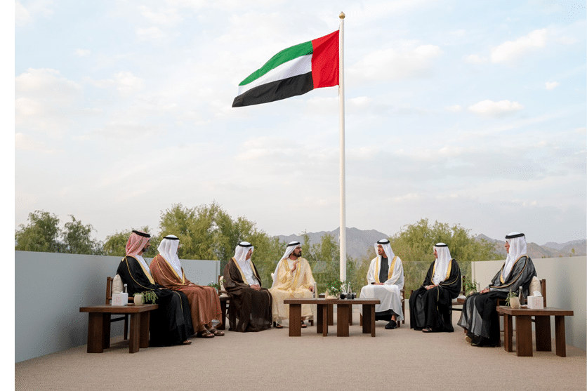HATTA, DUBAI, UNITED ARAB EMIRATES - December 02, 2021: (L-R) HH Sheikh Ammar bin Humaid Al Nuaimi, Crown Prince of Ajman, HH Sheikh Sultan bin Mohamed Al Qasimi, Crown Prince of Sharjah, HH Sheikh Saud bin Rashid Al Mu'alla, UAE Supreme Council Member and Ruler of Umm Al Quwain, HH Sheikh Mohamed bin Rashid Al Maktoum, Vice-President, Prime Minister of the UAE, Ruler of Dubai and Minister of Defence, HH Sheikh Mohamed bin Zayed Al Nahyan, Crown Prince of Abu Dhabi and Deputy Supreme Commander of the UAE Armed Forces, HH Sheikh Hamad bin Mohamed Al Sharqi, UAE Supreme Council Member and Ruler of Fujairah and HH Sheikh Saud bin Saqr Al Qasimi, UAE Supreme Council Member and Ruler of Ras Al Khaimah, attend the Federal Supreme Council meeting, at the Sheikh Rashid bin Saeed Palace   ( Mohamed Al Hammadi   Ministry of Presidential Affairs ) ---