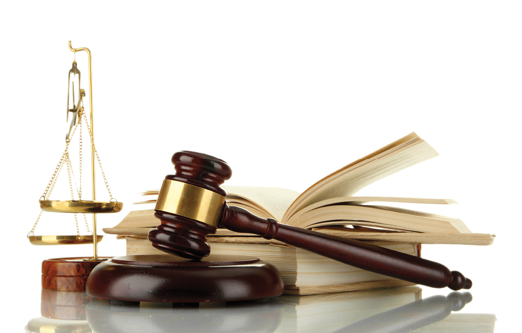 Golden scales of justice, gavel and books isolated on white