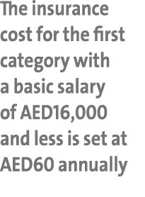 The insurance cost for the first category with a basic salary of AED16,000 and less is set at AED60 annually 