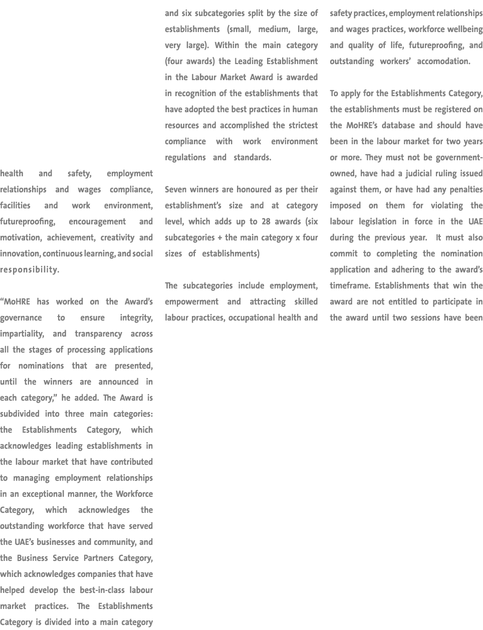 health and safety, employment relationships and wages compliance, facilities and work environment, futureproofing, en...
