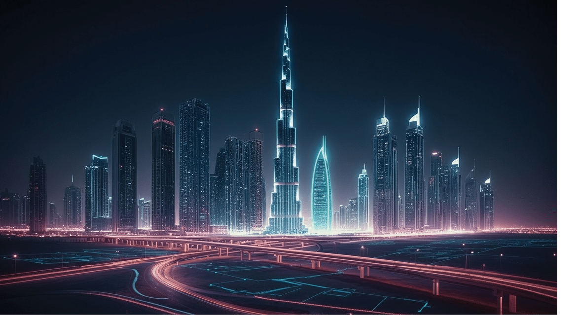 Design a futuristic blueprint of dubai’s skyline, featuring iconic structures as glowing, holographic outlines. incorporate imagined future elements such as spaceports, sky highways, and evtol landing pads, all connected by pulsating digital grids.