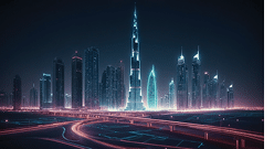 Design a futuristic blueprint of dubai’s skyline, featuring iconic structures as glowing, holographic outlines. incorporate imagined future elements such as spaceports, sky highways, and evtol landing pads, all connected by pulsating digital grids.