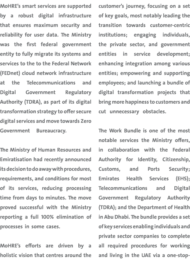 MoHRE’s smart services are supported by a robust digital infrastructure that ensures maximum security and reliability...