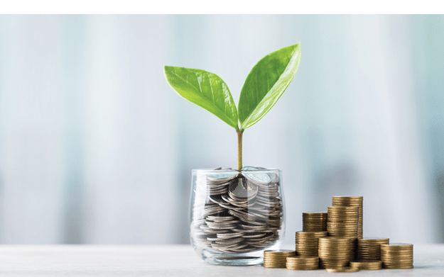 Glass jar filled with coins and a small seedling in the center, with stacks of coins arranged from smallest to largest on a table. Highlights the concept of saving and financial growth