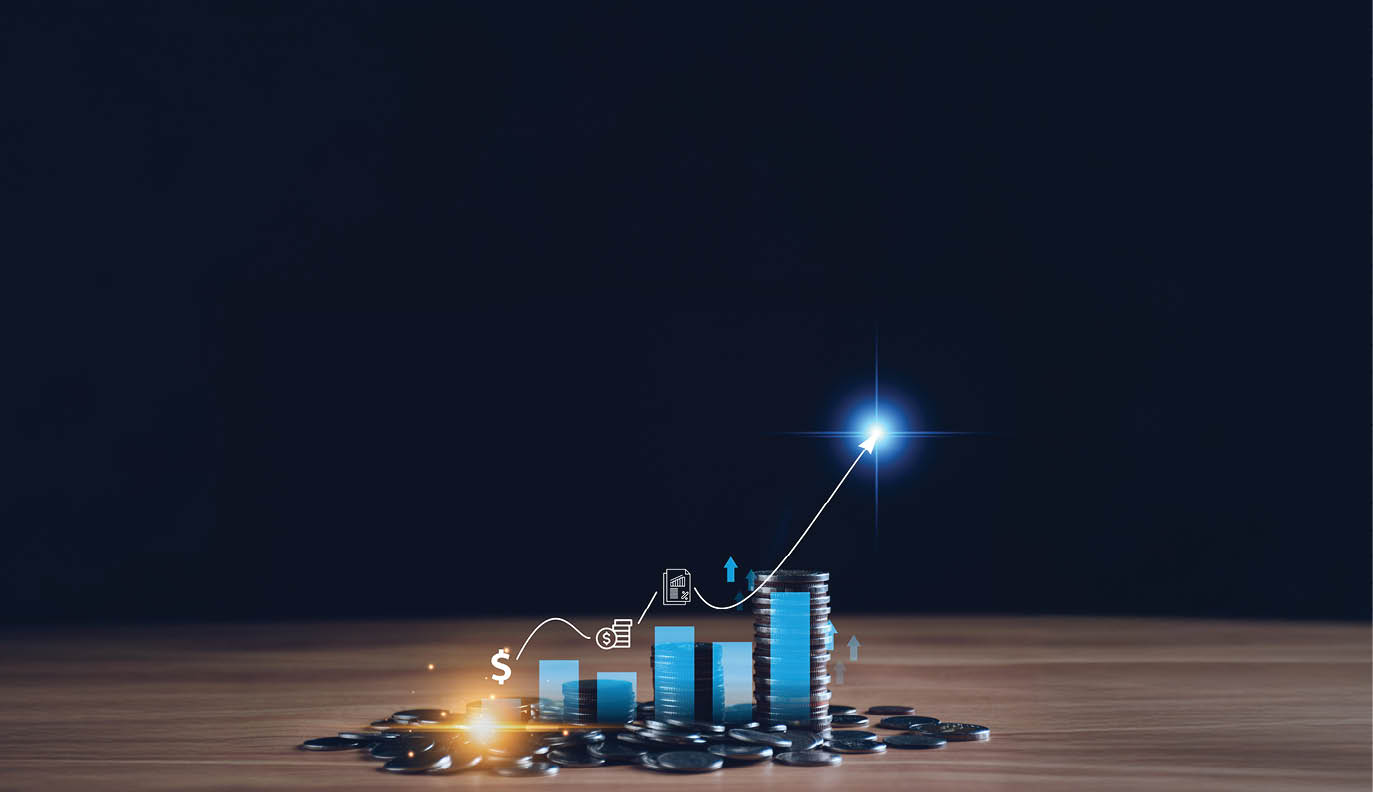Interest rate and dividend concept. Businessman with percentage symbol and up arrow, Interest rates continue to increase, return on stocks and mutual funds, long term investment for retirement.