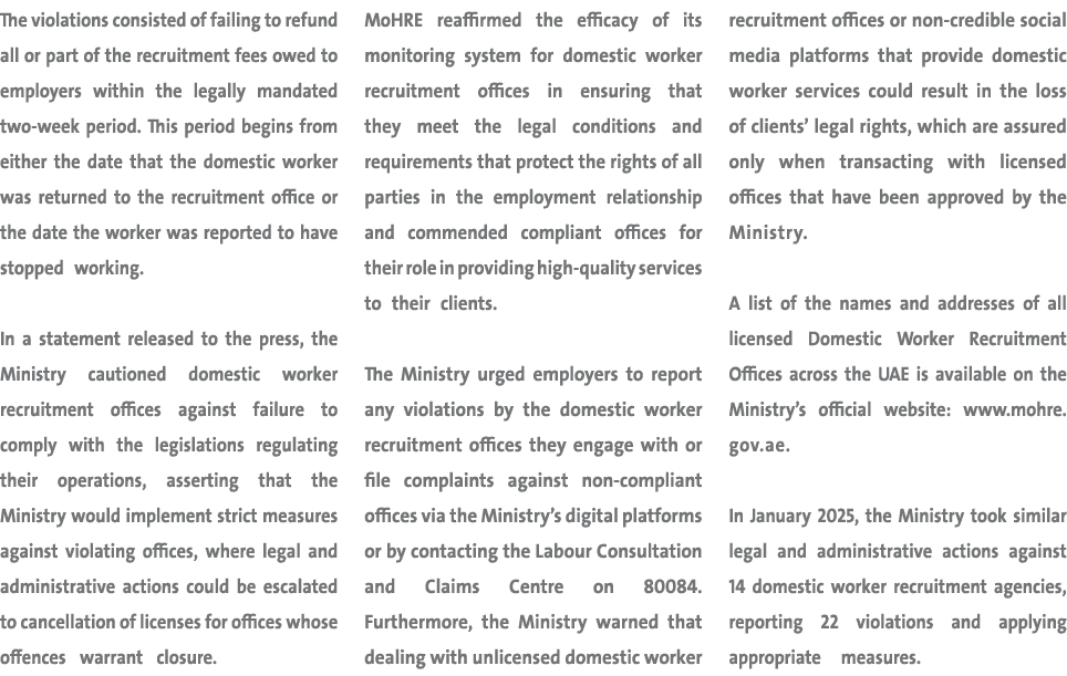 The violations consisted of failing to refund all or part of the recruitment fees owed to employers within the legall...