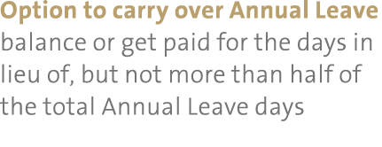 Option to carry over Annual Leave balance or get paid for the days in lieu of, but not more than half of the total An...