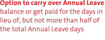 Option to carry over Annual Leave balance or get paid for the days in lieu of, but not more than half of the total An...