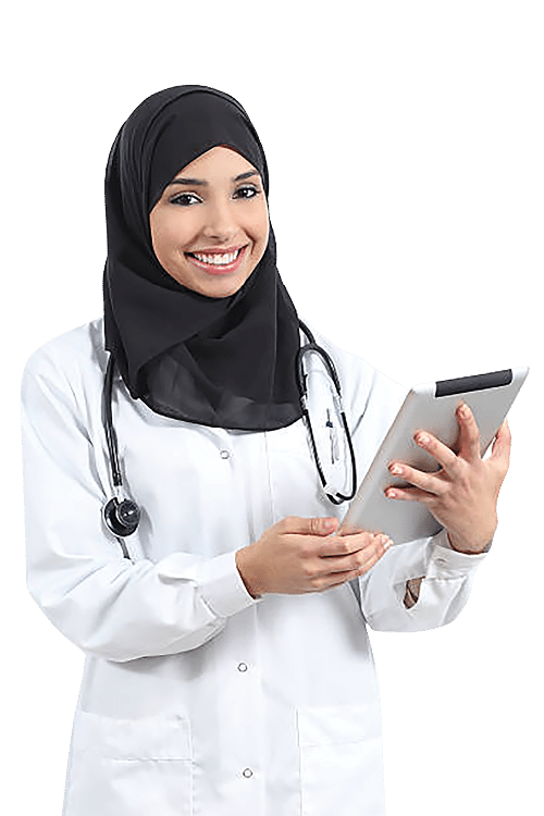 Arab doctor woman with a tablet looking at camera isolated on a white background